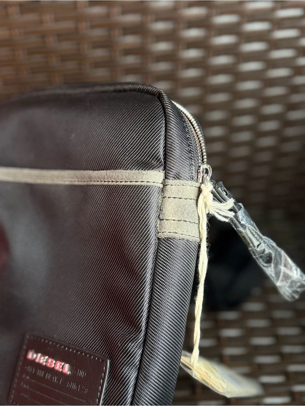 Diesel Black Crossbody Tablet Pouch with Beige Trim